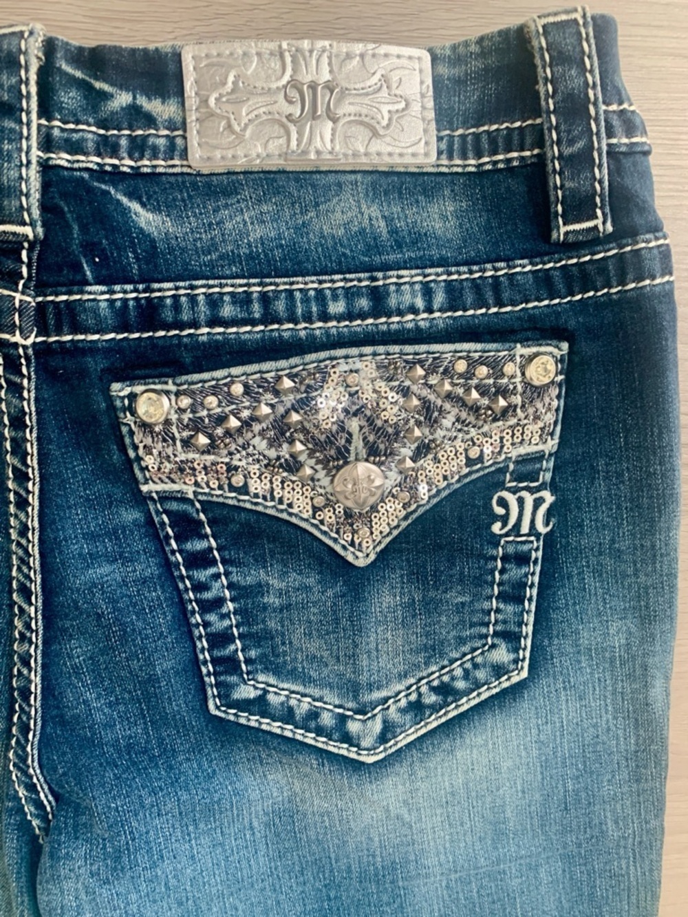 Miss Me Blue Embellished Curvy Mid-rise Easy Bootcut Stretch Jeans